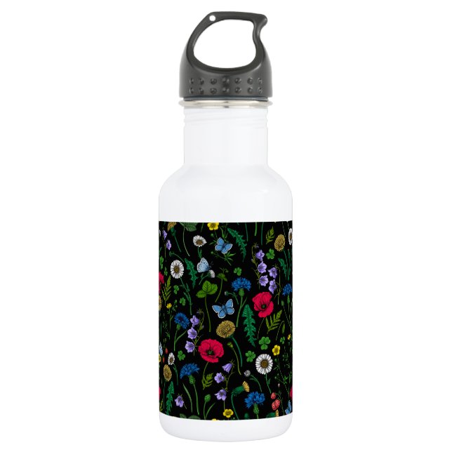 Bouteille D'eau Fleurs sauvages en noir (Devant)