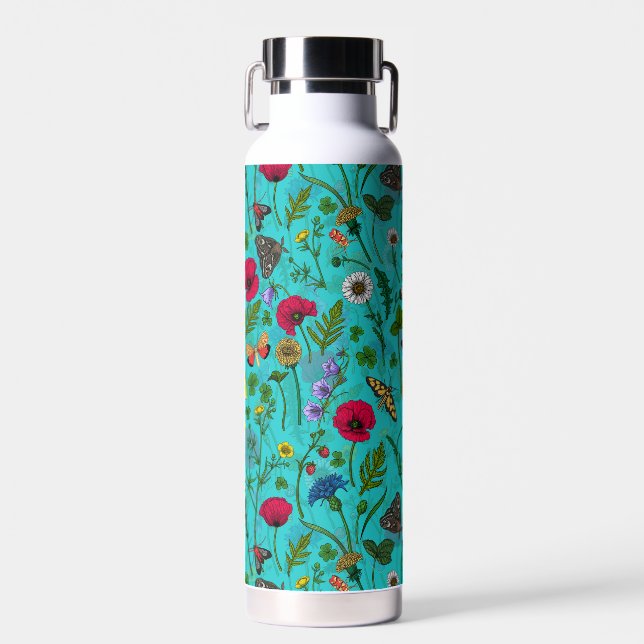 Bouteille D'eau Fleurs sauvages et papillons de nuit sur turquoise (Avant)