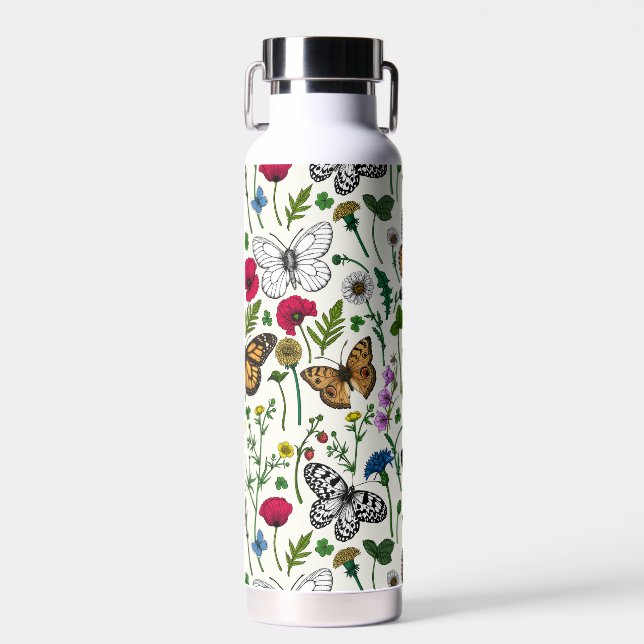Bouteille D'eau Fleurs sauvages et papillons sur blanc (Avant)