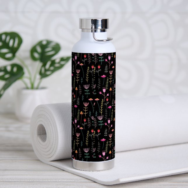 Bouteille D'eau Fleurs sauvages néon sur noir, monogrammed (Yoga)