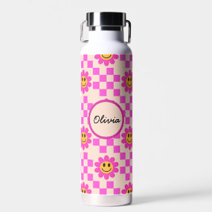 Bouteille D'eau Fleurs souriantes rose chaud à carreaux Nom person