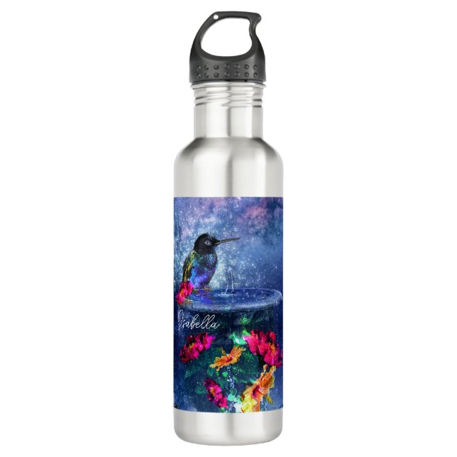 Bouteille D'eau Fleurs tropicales, colibri, papillon et étoiles (Devant)
