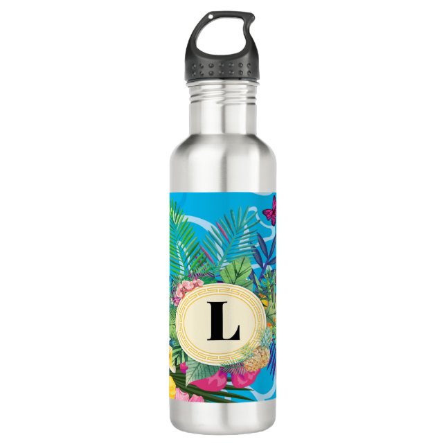 Bouteille D'eau Fleurs Tropicales Hawaiiennes Et Papillons Monogra (Devant)