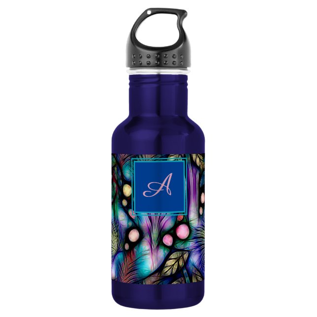 Bouteille D'eau Floral bleu Aquarelle Fleurs Monogramme (Devant)