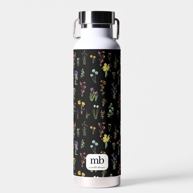 Bouteille D'eau Floral botanique noir fleur sauvage (Avant)