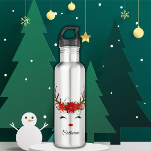 Bouteille D'eau Floral Christmas Reindeer Nom personnalisé