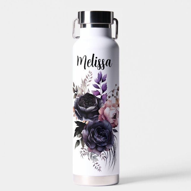 Bouteille D'eau Floral noir et rose personnalisé (Avant)