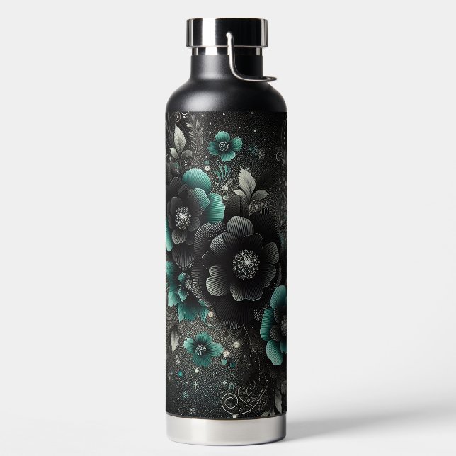 Bouteille D'eau Floral noir et Turquoise (Droite)