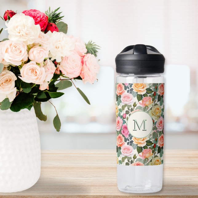Bouteille D'eau Floral Rose Élégantes Fleurs Jardin Botanique Joli (A very pretty water bottle for garden lovers, patterned with an elegant design of roses)