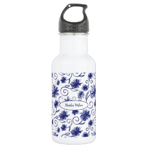 Bouteille d'eau florale bleu blanc avec nom