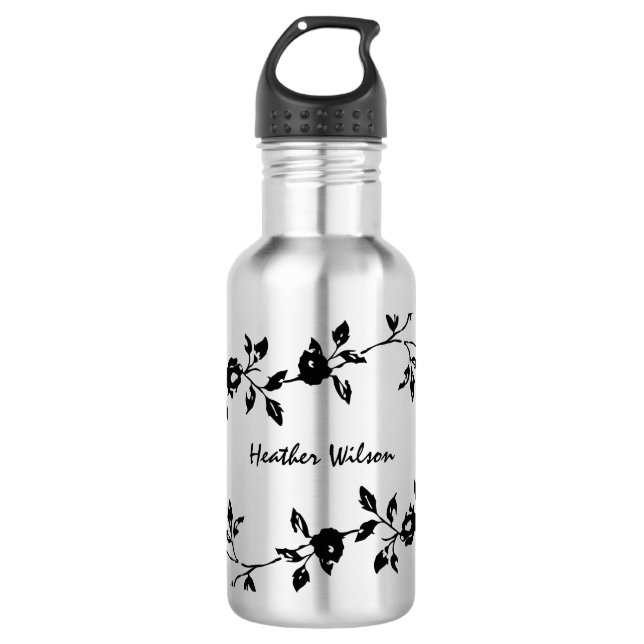Bouteille d'eau florale gothique noire avec nom (Devant)