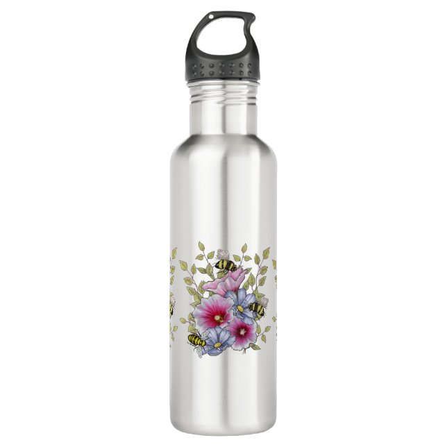 Bouteille D'eau Flowers and Bees, Freehand Botanical Art (Devant)