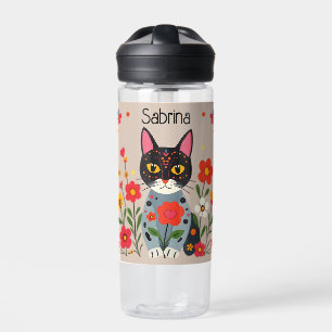 Bouteille D'eau Folk Art Chat noir et Fleurs Personnalisé