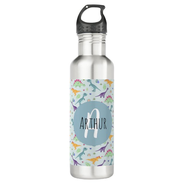 Bouteille D'eau Garçons Bleu Cute Dinosaure Monogramme École pour  (Devant)