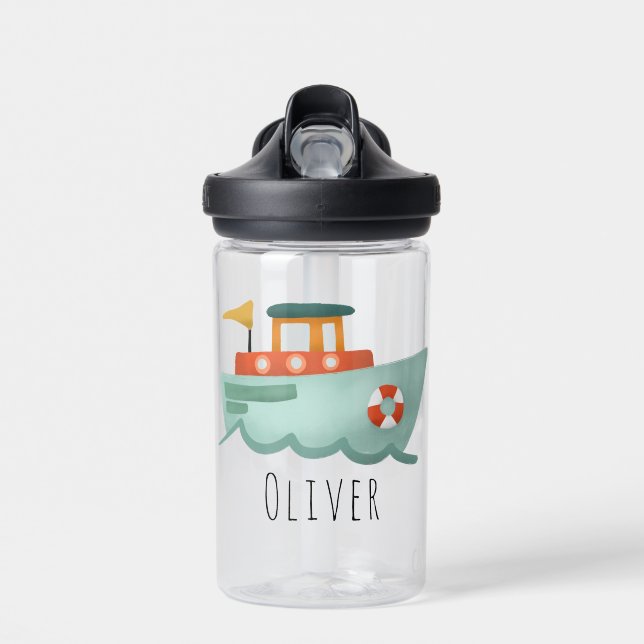 Bouteille D'eau Garçons Cute Bleu Nautique Océan Bateau école pour (Avant)