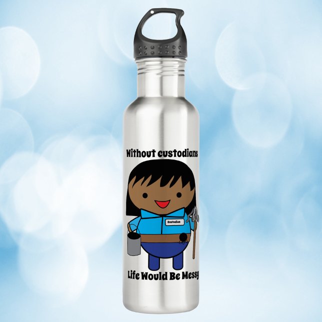 Bouteille D'eau Gardien Janitor Black Femme Kawaii (A water bottle with a black woman janitor and the text, "Without custodians life would be messy")