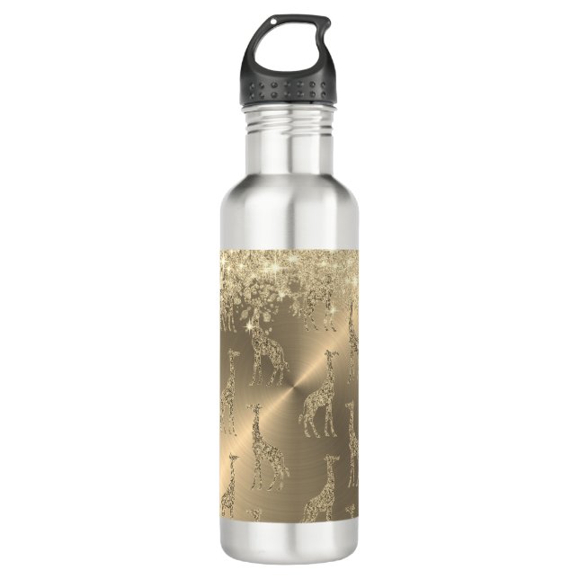 Bouteille D'eau Glitterie Giraffes sur Glitzy Gold (Devant)