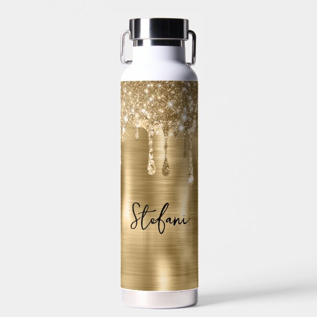 Bouteille D'eau Glittery Gold Drives Deux Nom Cartes de Place (Avant)
