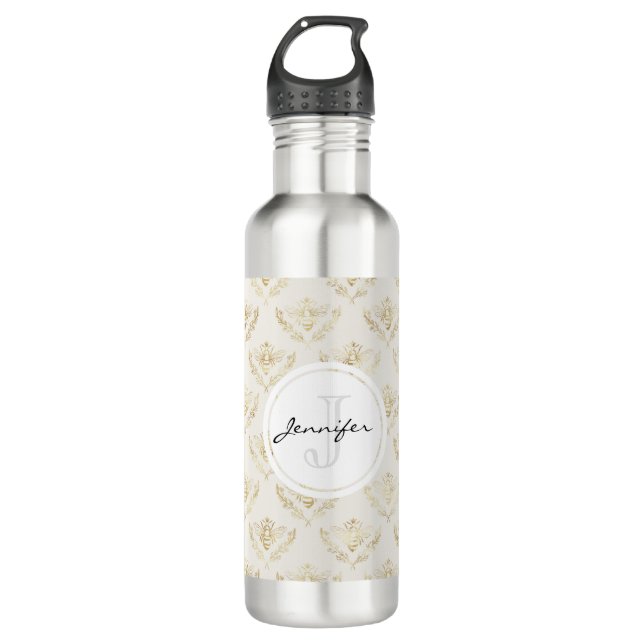 Bouteille D'eau Golden Bumble Bee avec un monogramme Motif de la C (Devant)