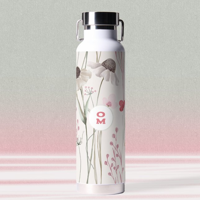 Bouteille D'eau Grand Fleur sauvage moderne Monogramme clair rose  (Mauve Sage Wildflower Monogram Water Bottle ©Susanne Sachers - Sunny Mind Design 🌞)