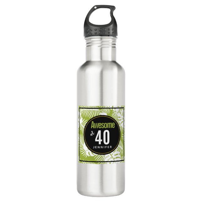 Bouteille D'eau Green Palm Feuille Rainforest Motif Anniversaire (Devant)