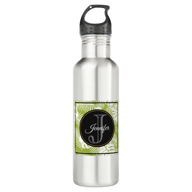 Bouteille D'eau Green Palm Feuille Rainforest Motif Monogram (Devant)