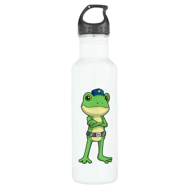 Bouteille D'eau Grenouille en tant qu'agent de police avec casquet (Devant)