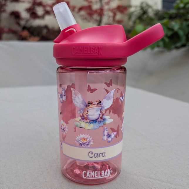 Bouteille D'eau Grenouille et Lys d'eau des bois Nom des enfants (fairy frog book lover reading frog and yellow buttercup flower frog design name)