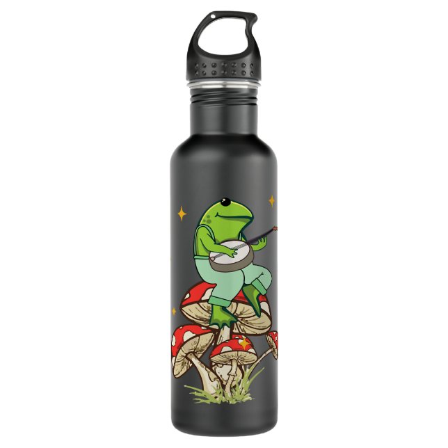 Bouteille D'eau Grenouille Jouer Banjo Fleur de champignons (Devant)