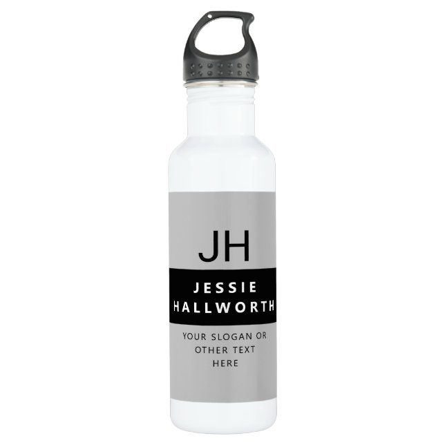 Bouteille D'eau Gris blanc et noir élégant Monogramme moderne (Devant)