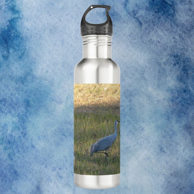 Bouteille D'eau Grues de Sandhill mangeant de l'herbe Photographie (A water bottle with a photograph of three sandhill crane birds eating grass.)
