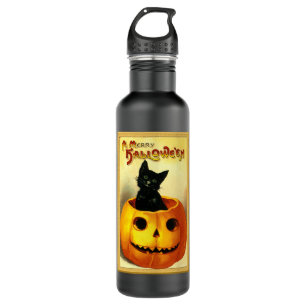 Bouteille D'eau Halloween Kitty assis à Jack-o'-lantern
