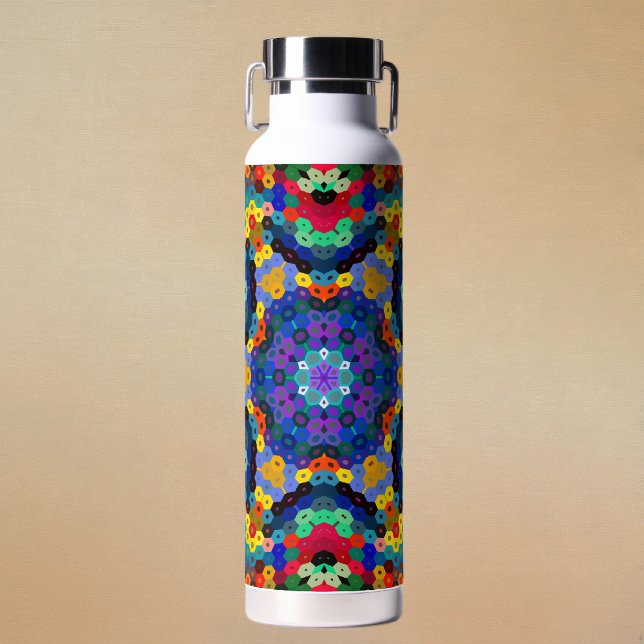 Bouteille D'eau Hex Mandala Blue Yellow Red and Green (Blue Yellow Red and Green Hexagon Mandala Water Bottle by Wormhole Orbital)