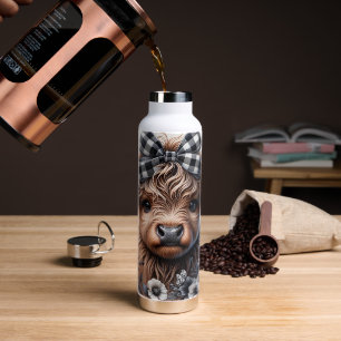 Bouteille D'eau Highland Cow Black Blanc Plaid Floral Rustique
