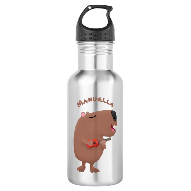 Bouteille D'eau Illustration de dessin animé de capybara ukulele (Devant)