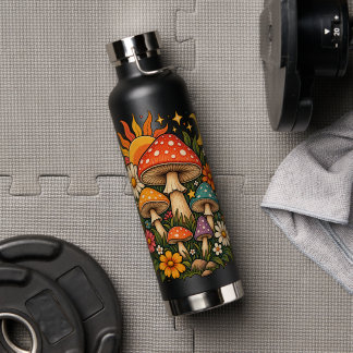 Bouteille D'eau Illustration Rétro Hippie Champignon & Fleur Sauva