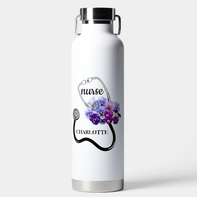 Bouteille D'eau Infirmière Stethoscope et Blue Pansy Floral (Avant)