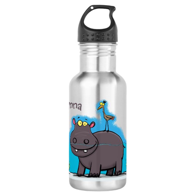 Bouteille D'eau Ippopotame drôle mignon avec dessin animé d'oiseau (Devant)