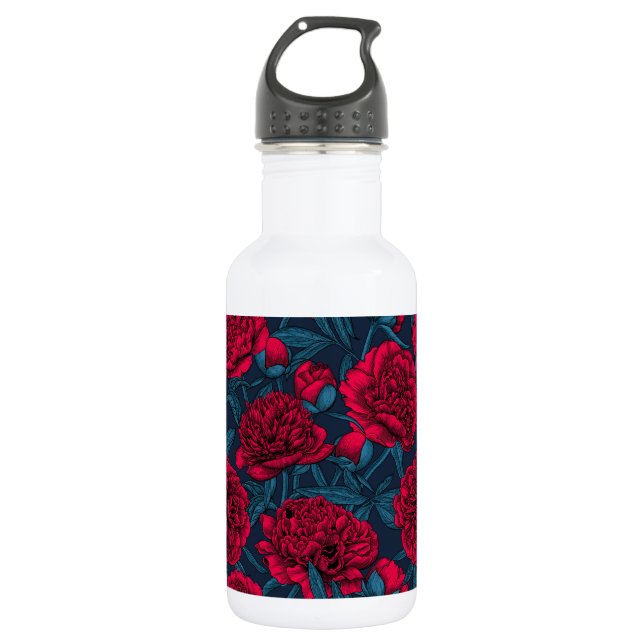 Bouteille D'eau Jardin de pivoine rouge sur bleu foncé (Devant)