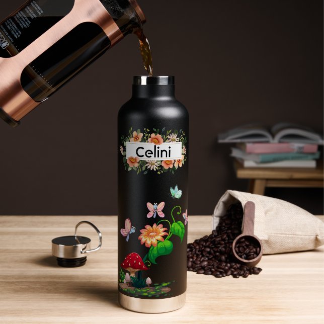 Bouteille D'eau Jardin des papillons Fleurs sauvages personnalisés (Personalized Name Wildflower Butterfly Garden Water Bottle)