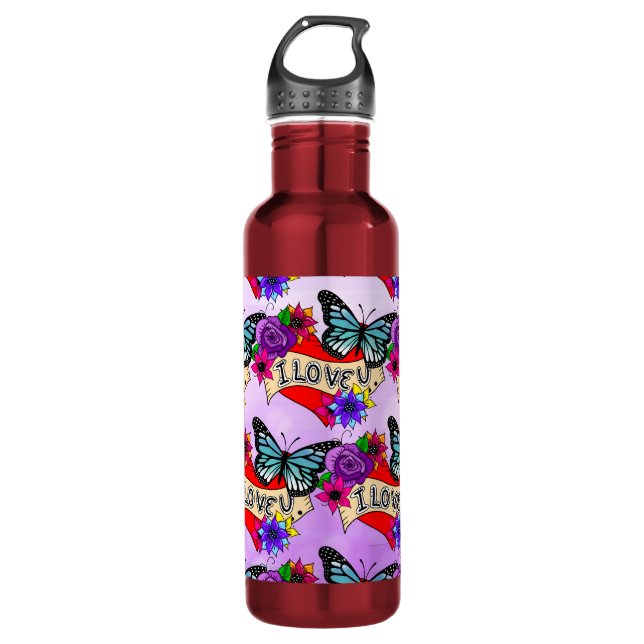 Bouteille D'eau Je T'Aime | Saint Valentin Coeur et Rose (Devant)