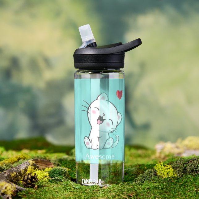 Bouteille D'eau Joli chaton et cœur sur fond bleu clair (Extérieur)