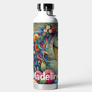 Bouteille D'eau Joli cheval fantaisiste dans des fleurs colorées