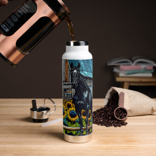Bouteille D'eau Joli cheval noir et grange rustique avec tournesol