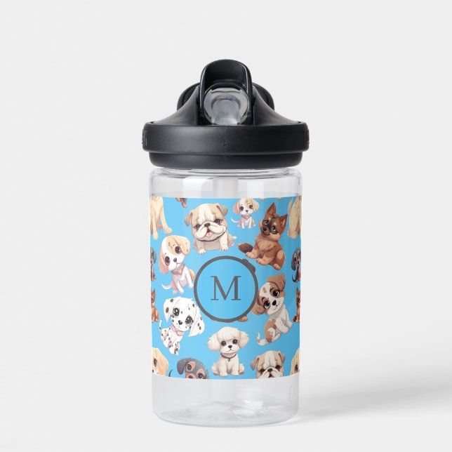 Bouteille D'eau Joli Chien Chien bleu Monogramme (Avant)
