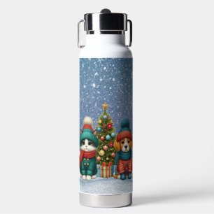 Bouteille D'eau Joli chiot de Noël & chaton
