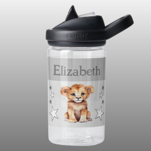 Bouteille D'eau Joli lion ajouter nom avec étoiles enfants gris