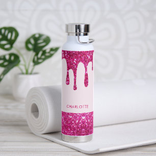 Bouteille D'eau Joli monogramme de parties scintillant rose chaud