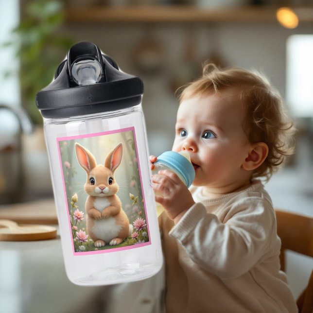Bouteille D'eau Joli petit lapin entouré de fleurs, enfants (Créateur téléchargé)