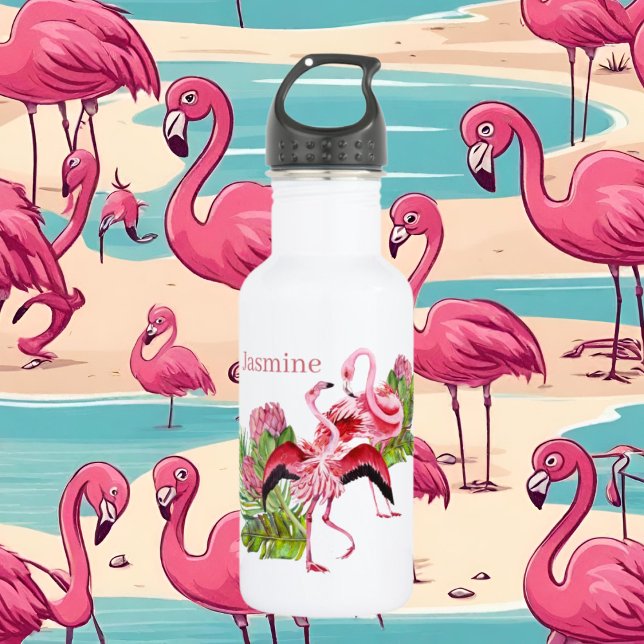 Bouteille D'eau joli rose flamingo amants ajouter le nom (Créateur téléchargé)